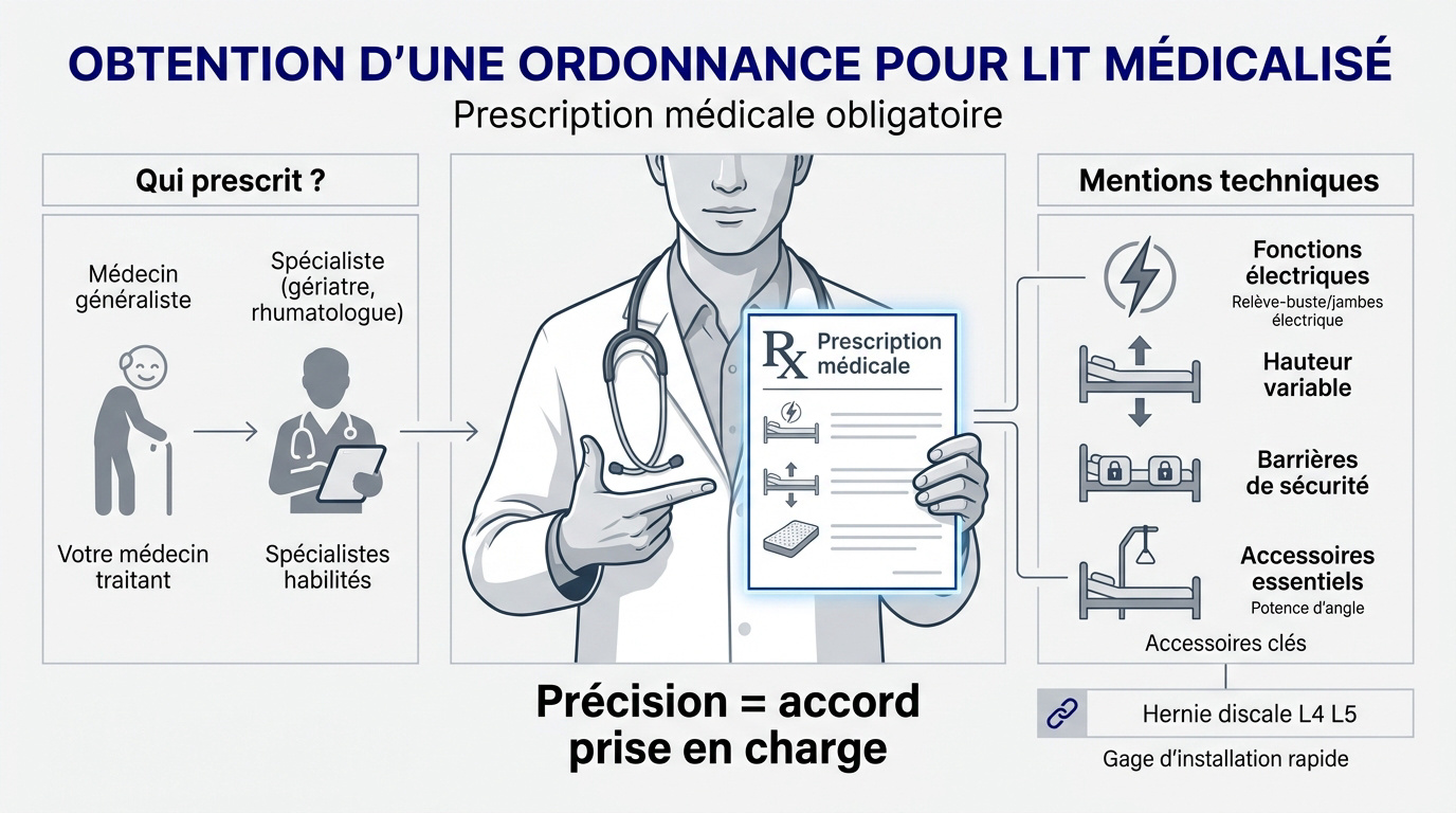 Médecin rédigeant une ordonnance pour un lit médicalisé à domicile