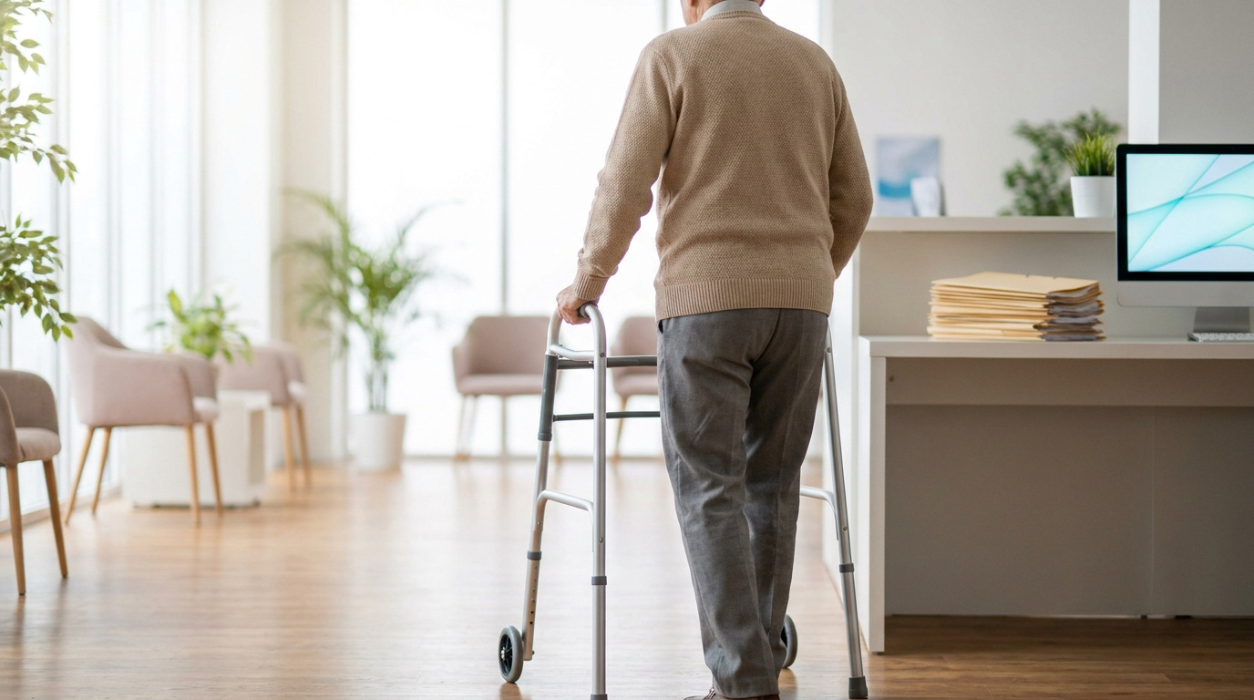 Personne âgée utilisant un déambulateur dans un cabinet médical lumineux.