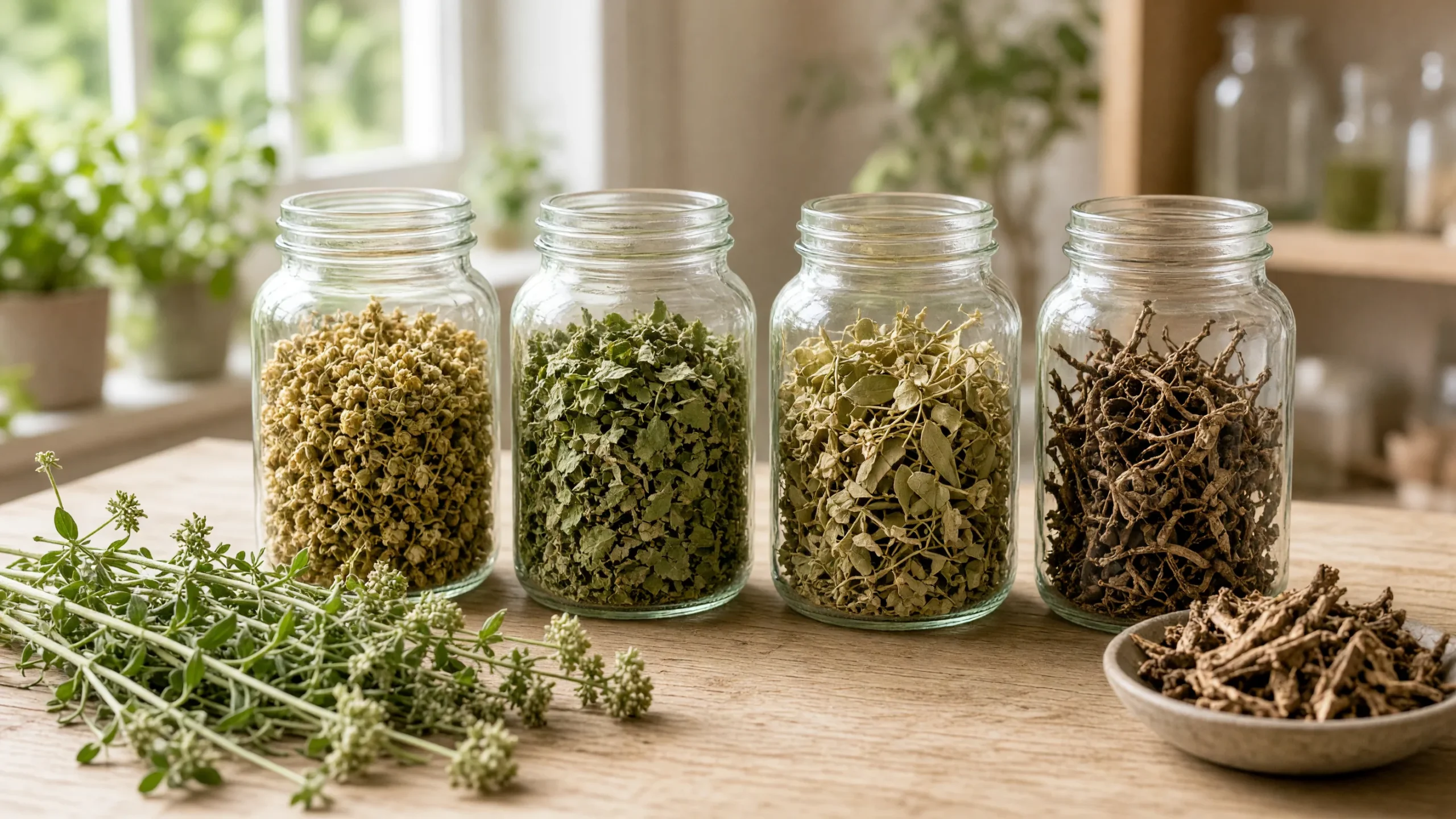 Bocaux de plantes médicinales séchées sur un comptoir d’herboristerie