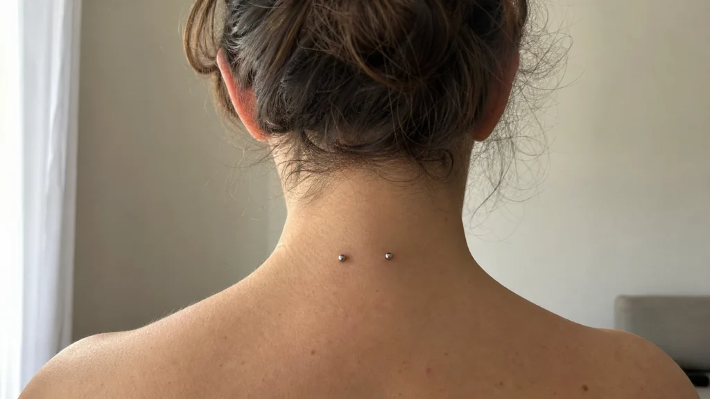 Illustration éditoriale pour l’article « Piercing nuque femme : tout savoir sur ce bijou de surface »