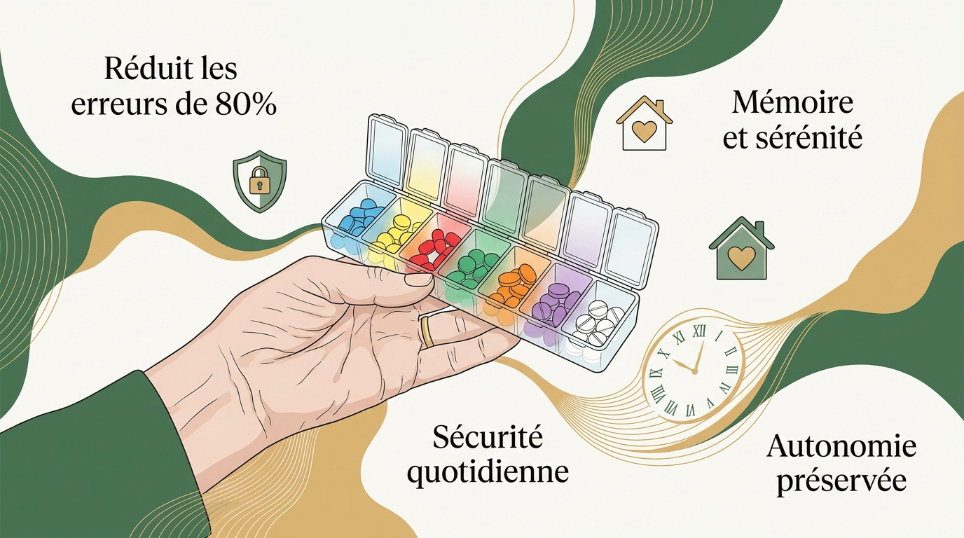 Pilulier hebdomadaire organisé par cases pour sécuriser la prise de médicaments d'une personne âgée