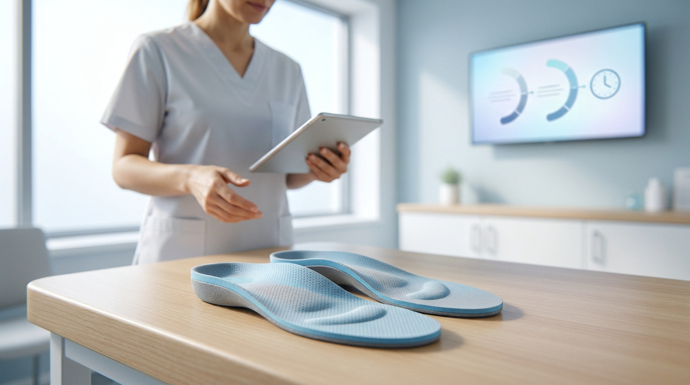Un professionnel de santé avec une tablette devant une paire de semelles orthopédiques sur un bureau.