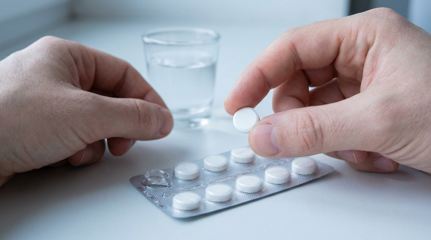 Gros plan sur une main tenant un comprimé blanc au-dessus d'une plaquette de médicaments et d'un verre d'eau.