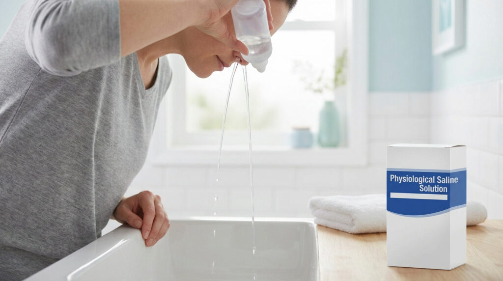 Une femme nettoie son nez au-dessus d'un lavabo avec une solution saline en flacon.