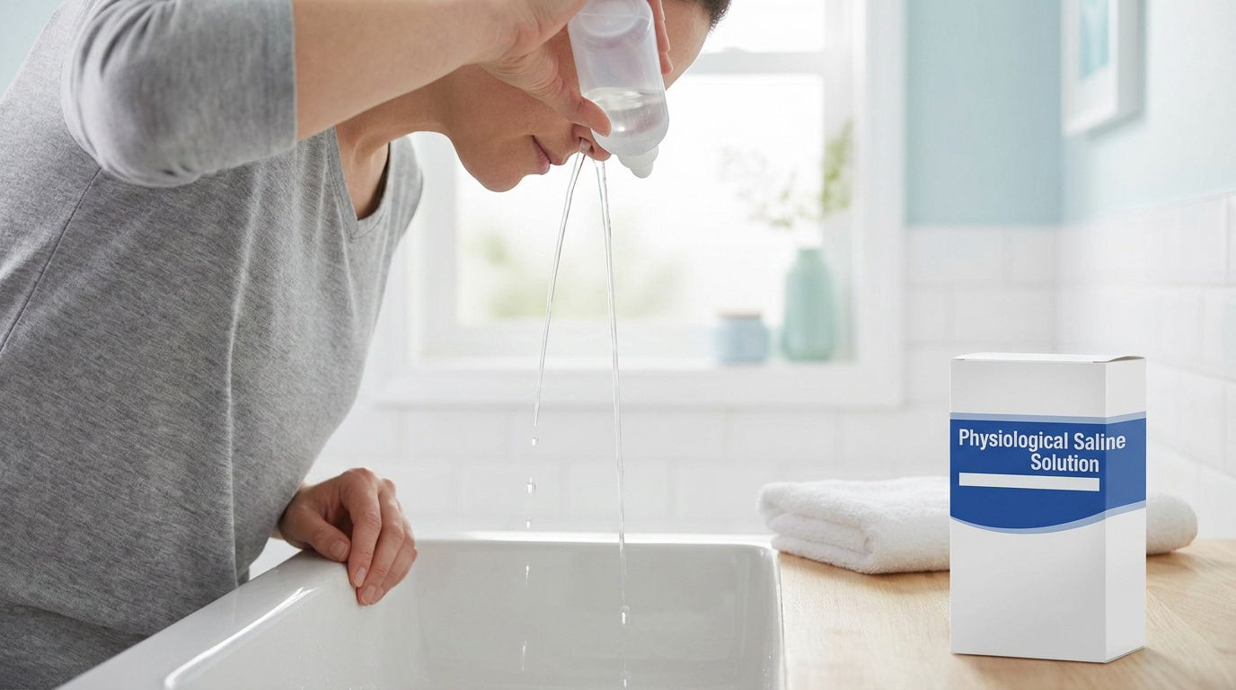 Une femme nettoie son nez au-dessus d'un lavabo avec une solution saline en flacon.