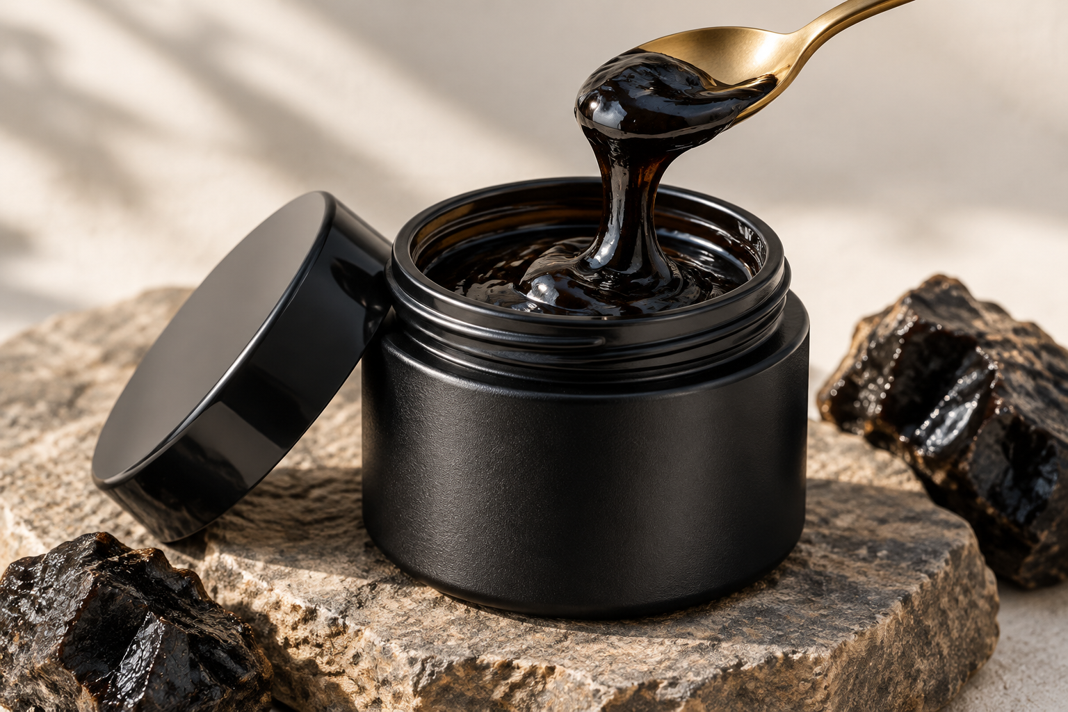 Illustration : résine sombre évoquant le shilajit, sans marque