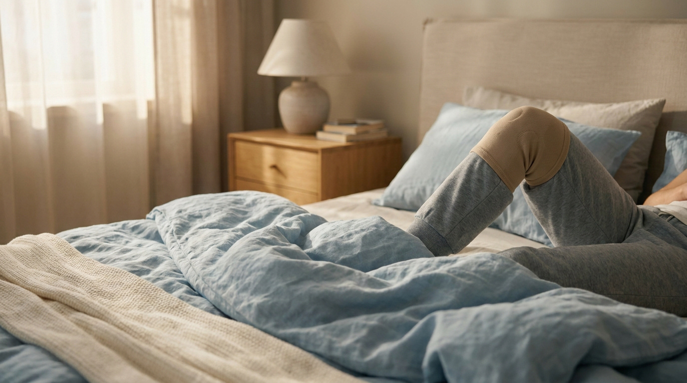 Une personne allongée dans un lit portant une genouillère beige sur son genou plié sous une couette bleue.