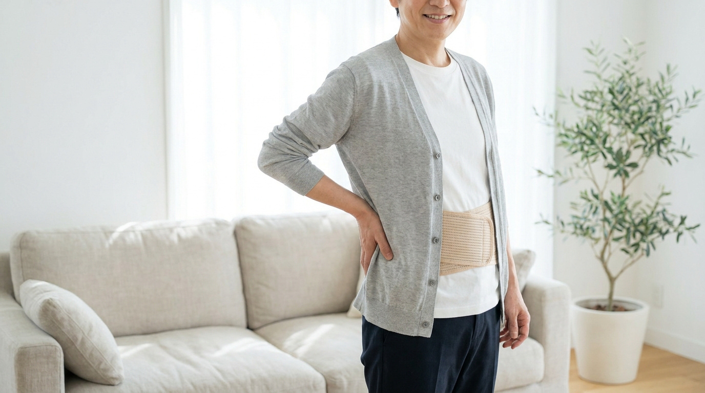 Personne souriante portant une ceinture lombaire beige sous un gilet gris dans un salon lumineux.