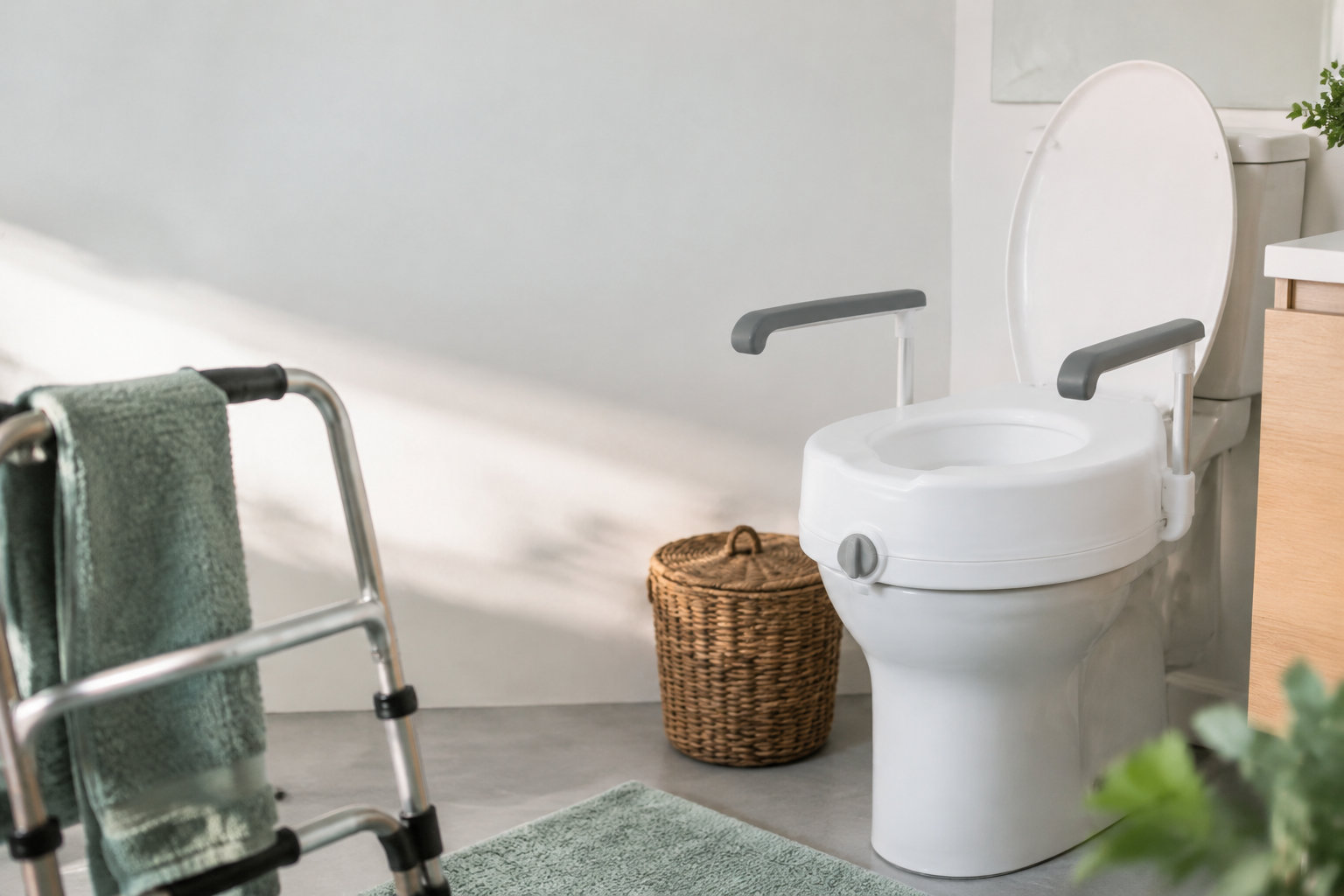 Rehausseur de WC blanc avec accoudoirs installé sur des toilettes dans une salle de bain lumineuse avec un déambulateur.