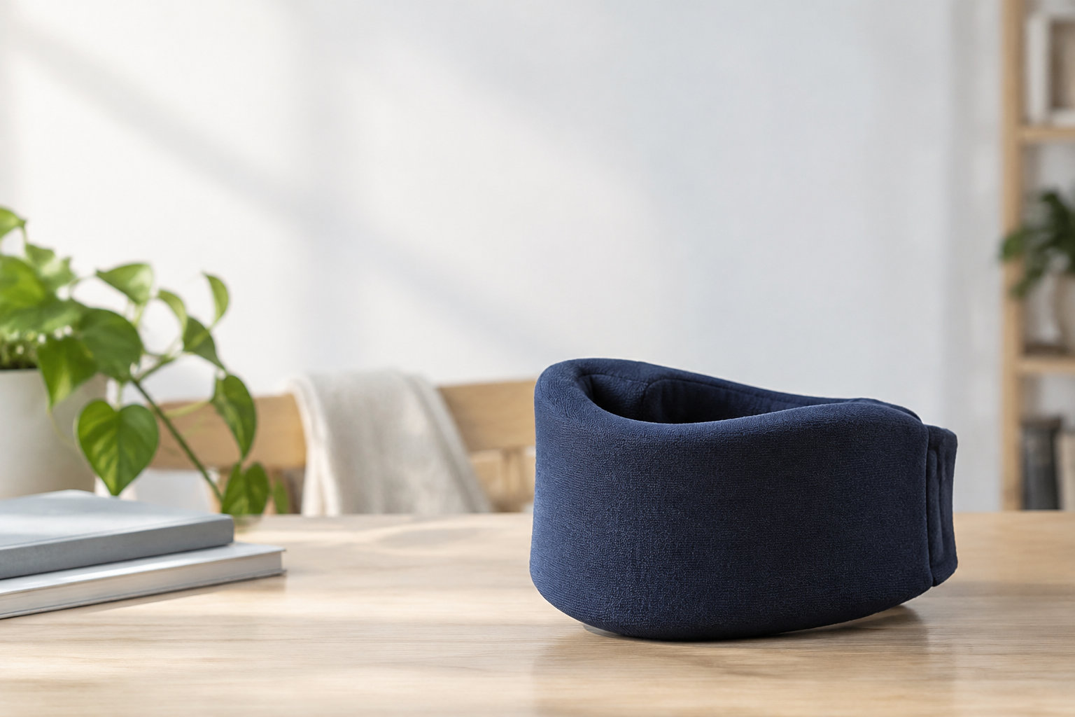Un collier cervical en mousse bleu posé sur une table en bois clair dans un intérieur lumineux.