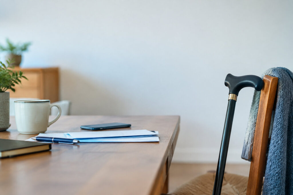 Une canne de marche posée sur une chaise en bois à côté d'une table avec des documents administratifs et une tasse.