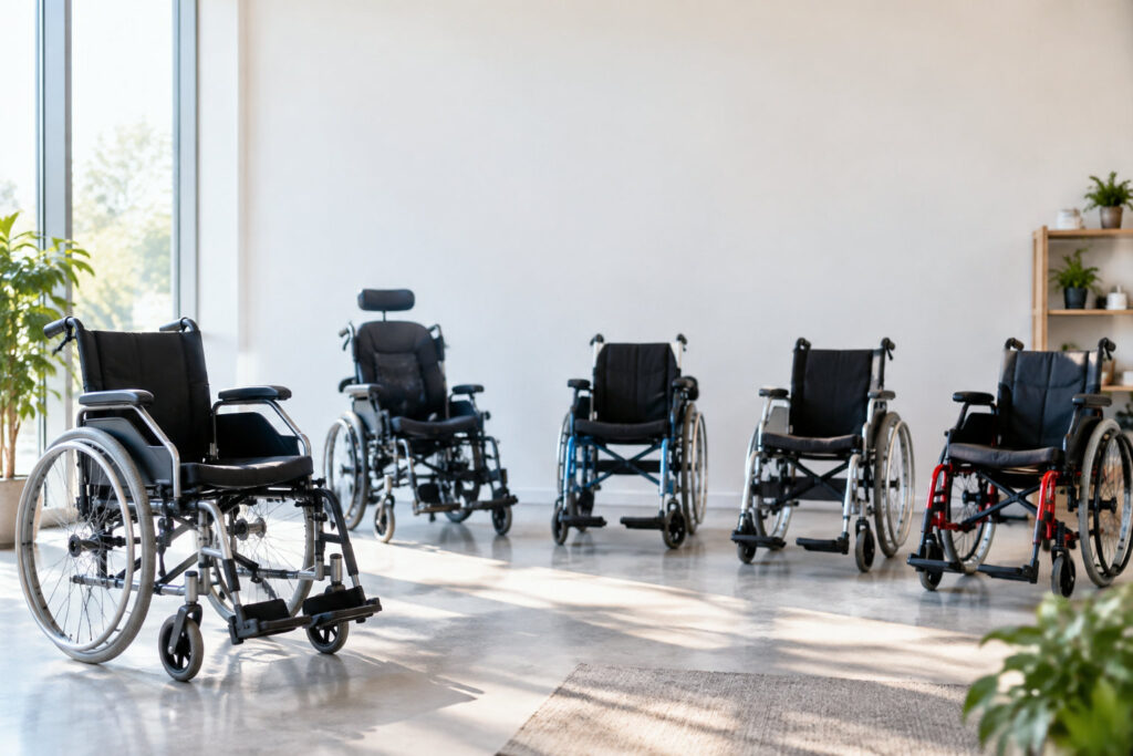 Cinq fauteuils roulants différents alignés dans une pièce lumineuse et moderne.