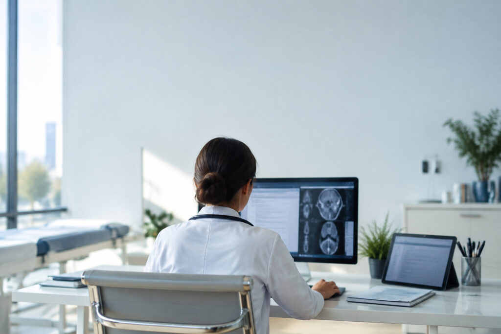 Vue de dos d'une médecin travaillant sur son ordinateur avec des images d'IRM à l'écran dans un cabinet médical moderne.