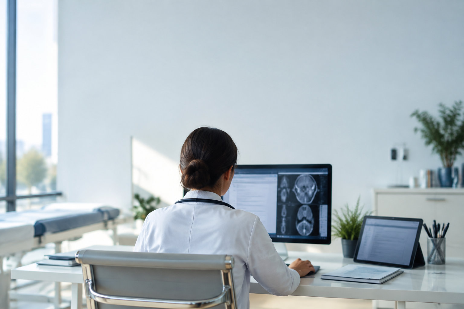 Vue de dos d'une médecin travaillant sur son ordinateur avec des images d'IRM à l'écran dans un cabinet médical moderne.