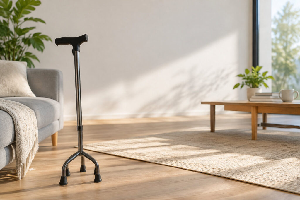 Une canne de marche à trois pieds se tenant seule sur un parquet dans un salon lumineux.