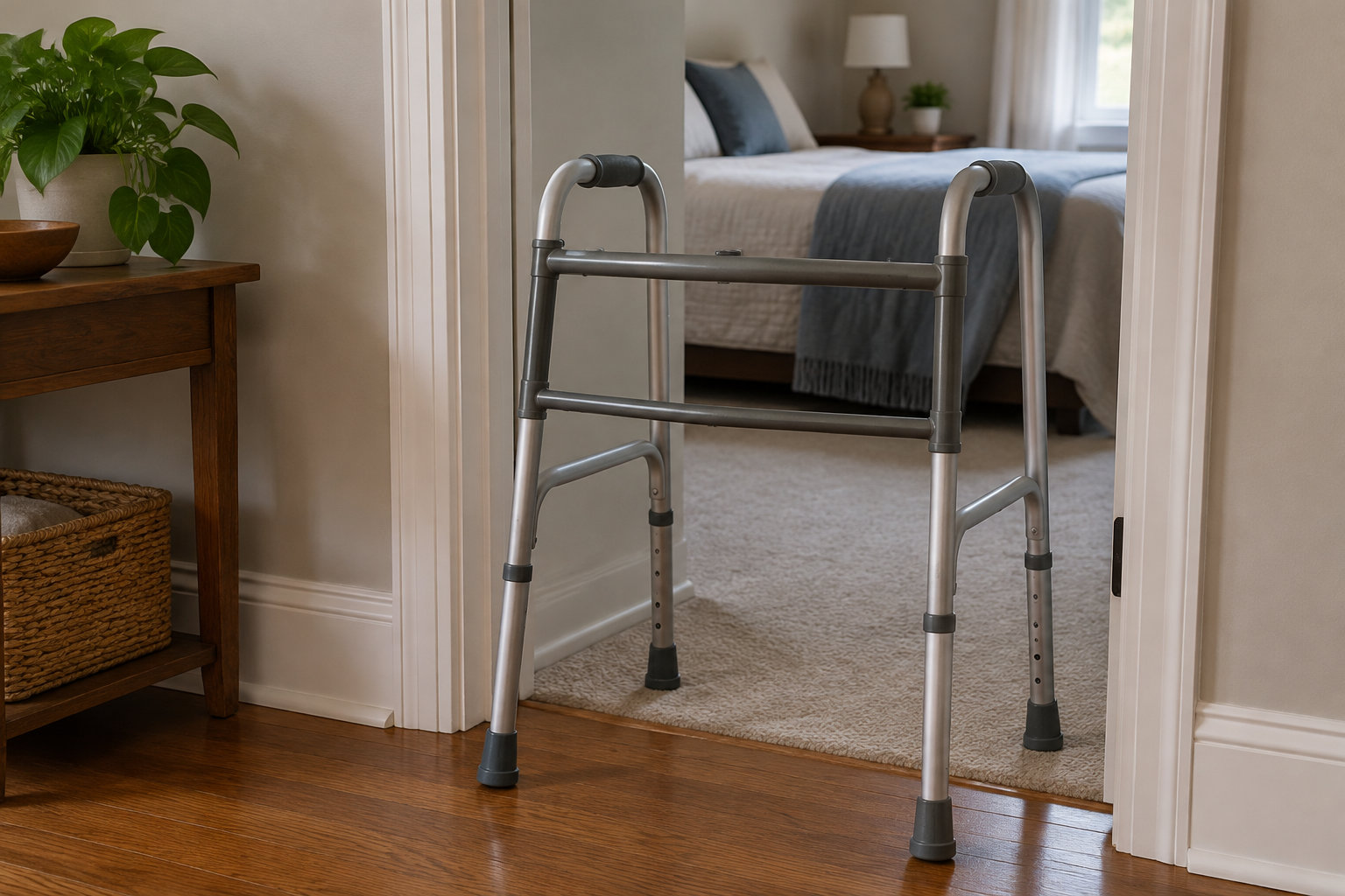 Un déambulateur est placé dans l’embrasure d’une porte, entre un parquet et une chambre avec un lit.