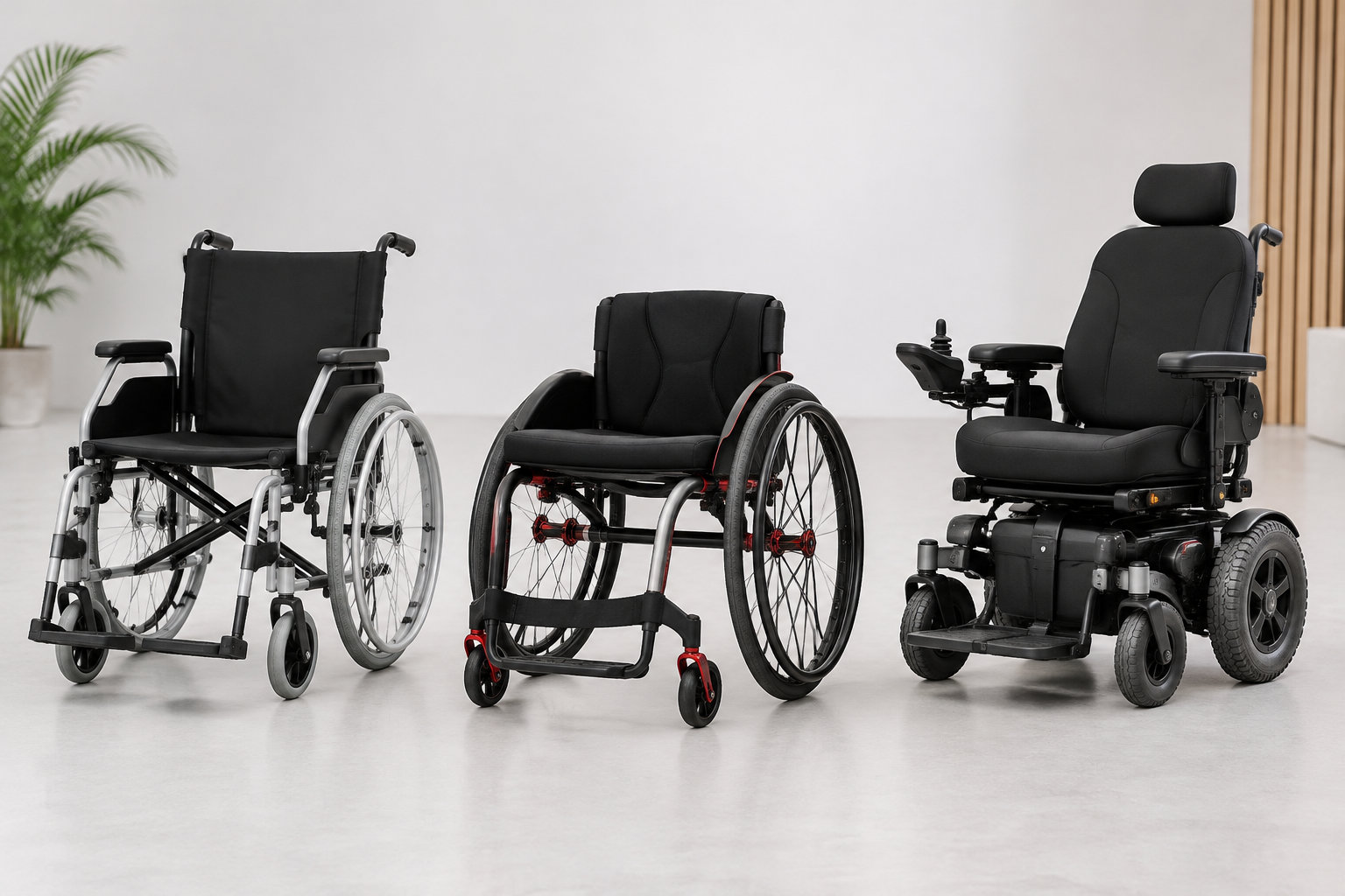 Trois fauteuils roulants noirs, dont deux manuels et un électrique, sont alignés dans une pièce claire.