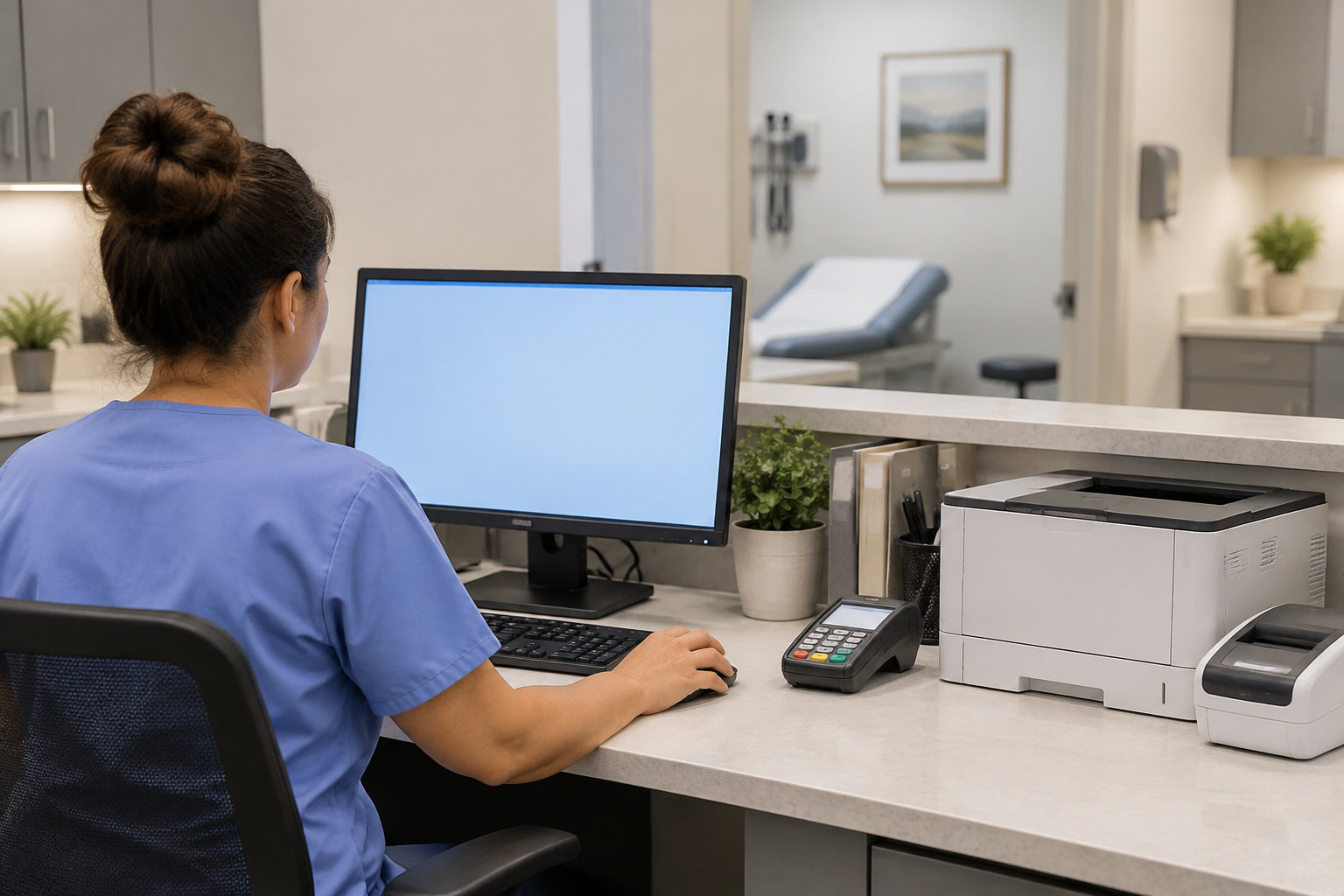 Une personne en tenue médicale est assise au comptoir d’un cabinet, devant un ordinateur, à côté d’une imprimante et d’un terminal de paiement.