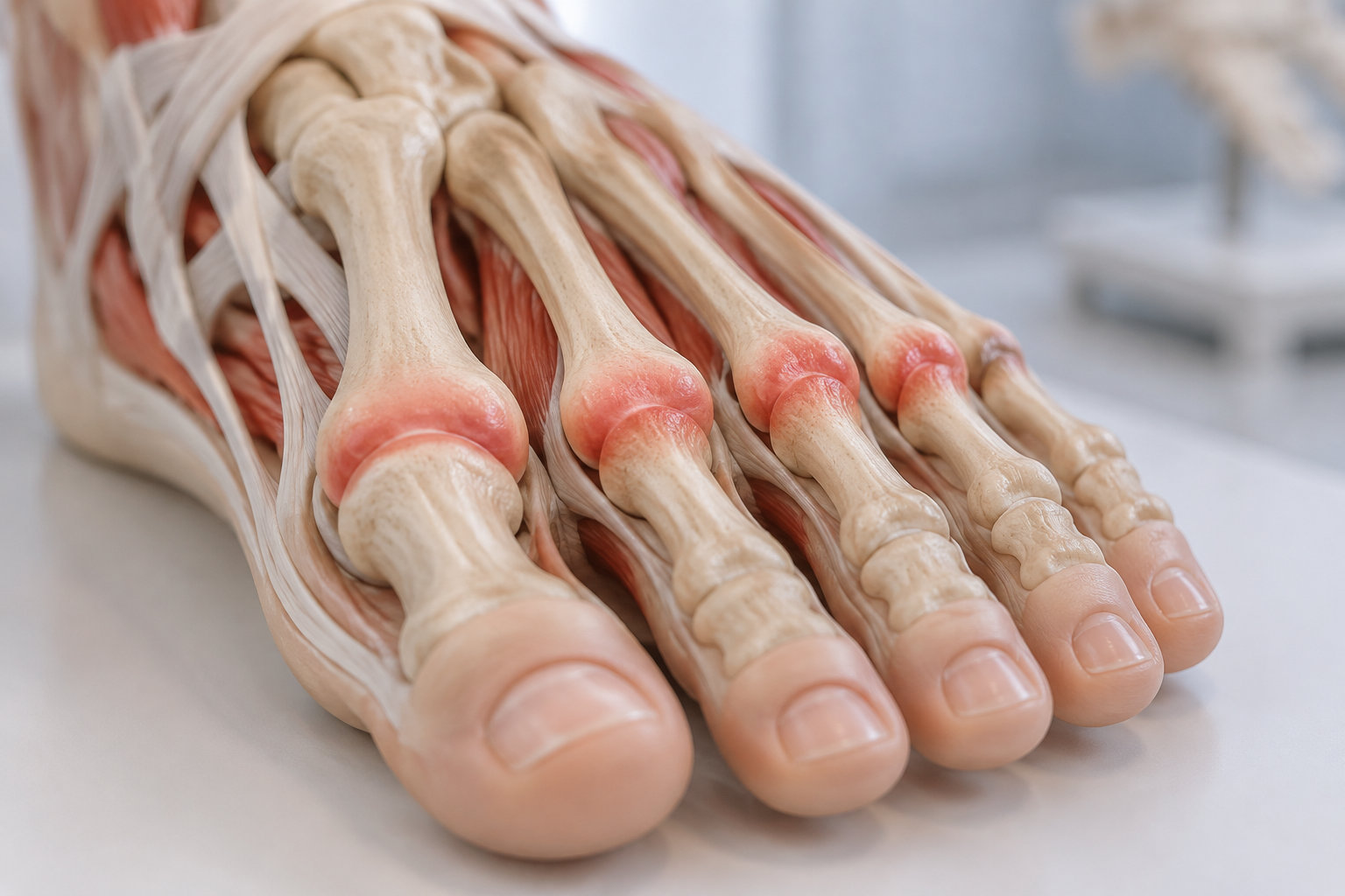Gros plan sur une représentation anatomique des os, tendons et muscles d’un pied, avec plusieurs articulations rouges.