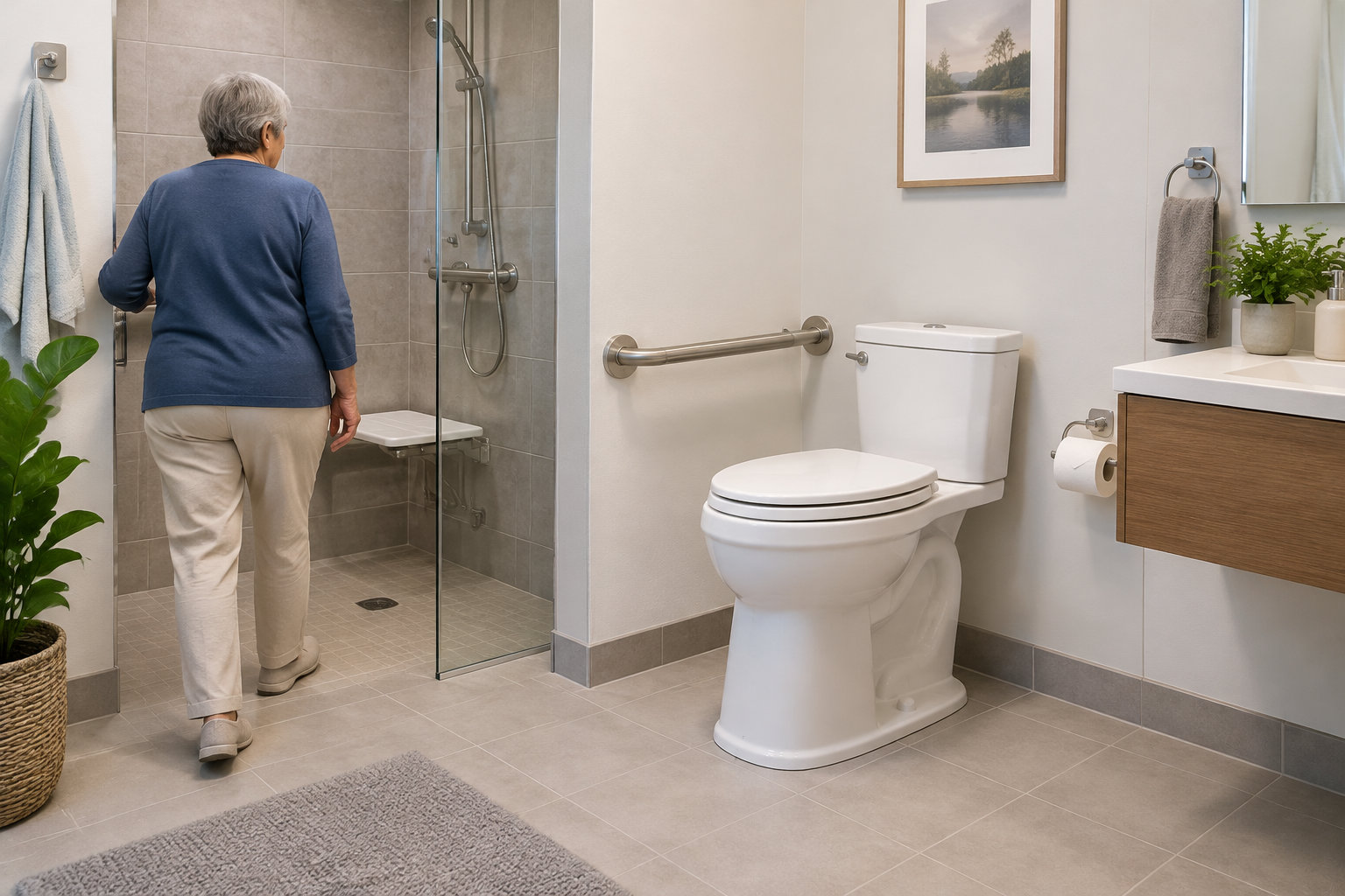 Une personne âgée entre dans une douche à l’italienne équipée d’un siège, à côté de toilettes et d’une barre d’appui dans une salle de bains.