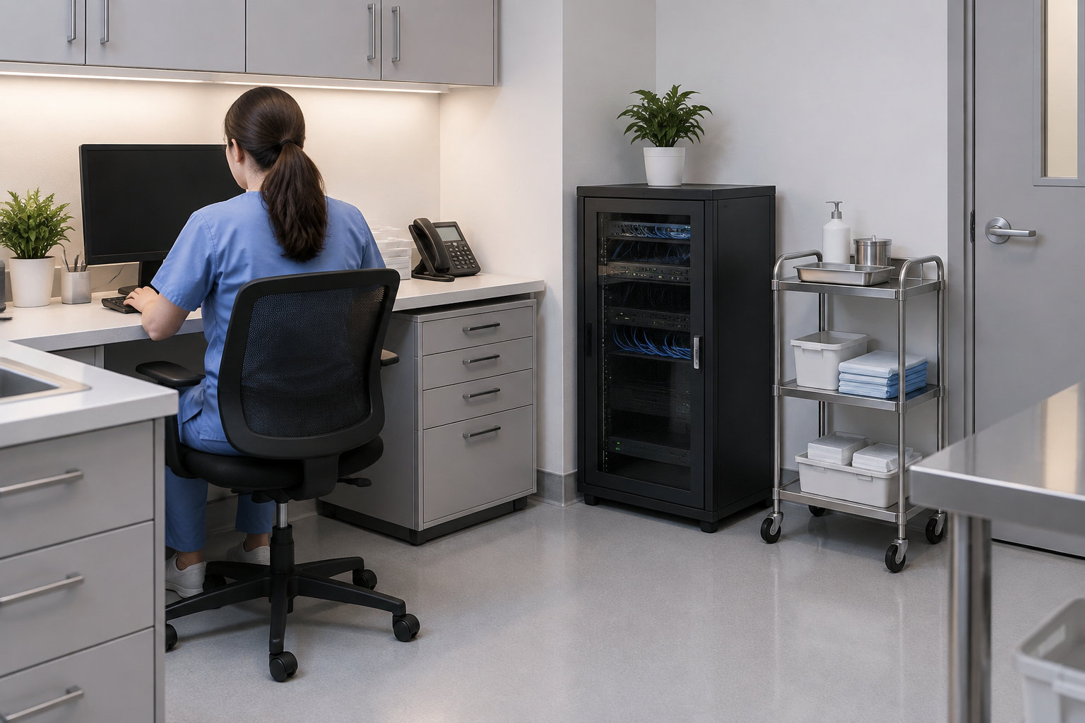 Une personne en tenue médicale est assise devant un ordinateur dans une pièce équipée d’un chariot à fournitures et d’une armoire informatique vitrée.