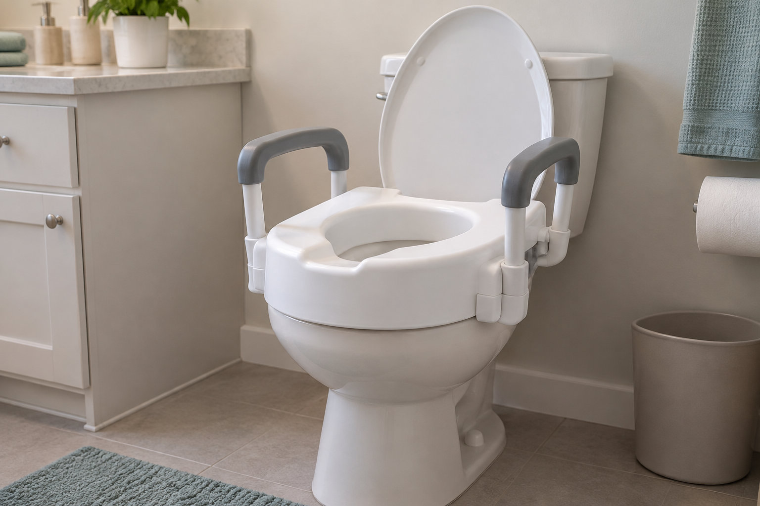 Une cuvette de toilette surélevée avec deux poignées est installée dans une salle de bains.