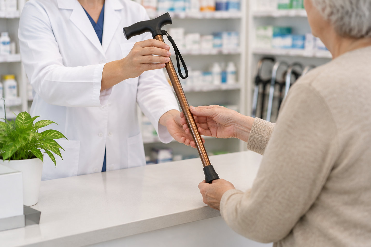 Un pharmacien remet une canne de marche à une personne âgée derrière un comptoir, dans une pharmacie.