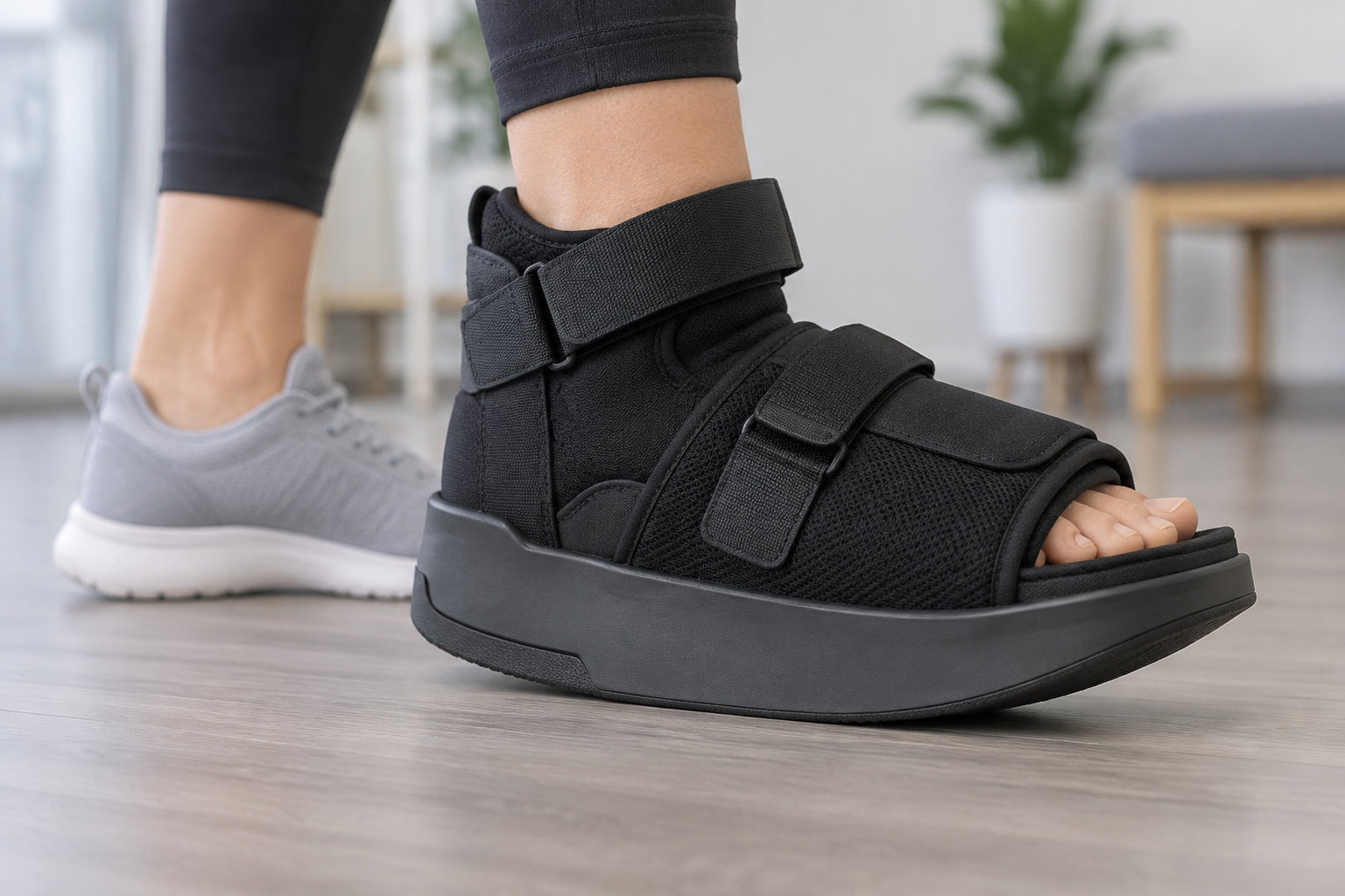 Une personne porte une botte médicale noire ouverte à l’avant, avec des sangles, et une chaussure de sport grise à l’autre pied.