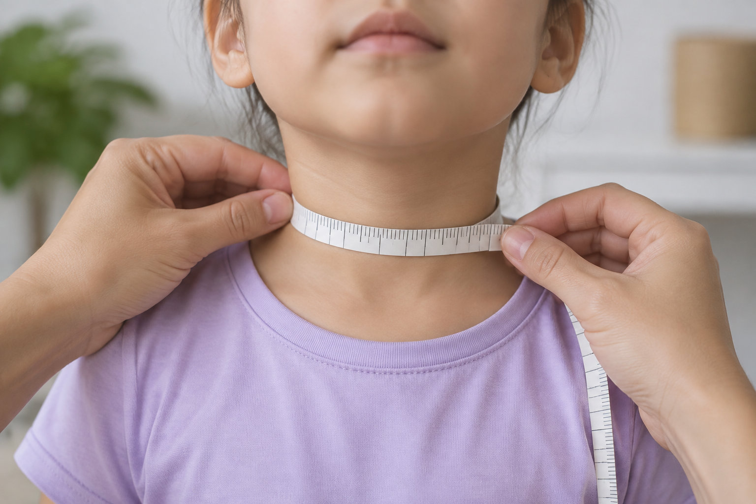 Une personne mesure le tour de cou d’un enfant avec un ruban gradué.
