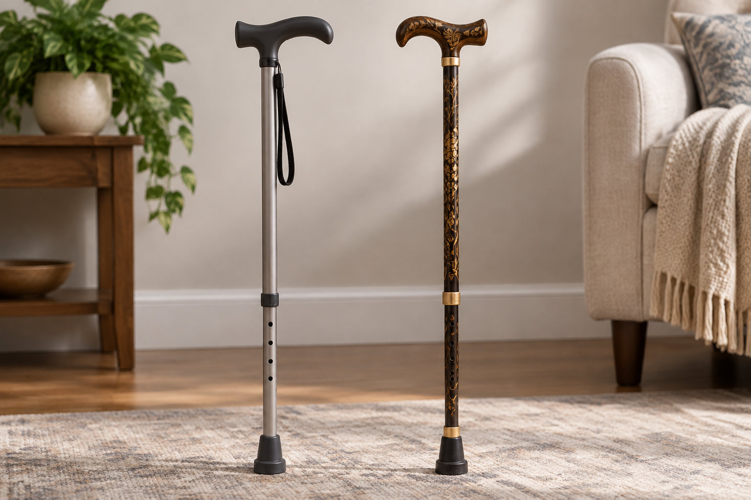 Deux cannes de marche, l’une grise et l’autre ornée de motifs dorés, sont posées debout sur un tapis dans un salon.