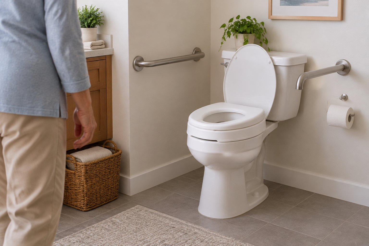 Une personne se tient près d’une toilette surélevée munie de barres d’appui, dans une salle de bain.
