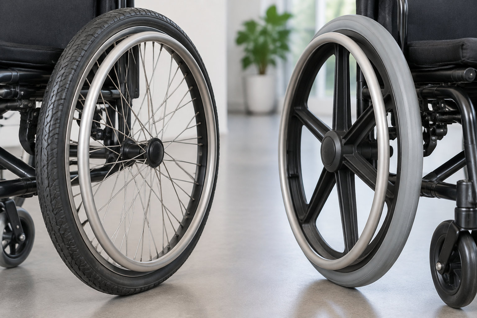 Gros plan sur les roues de deux fauteuils roulants, l’un à rayons et l’autre à branches épaisses, dans une pièce lumineuse.