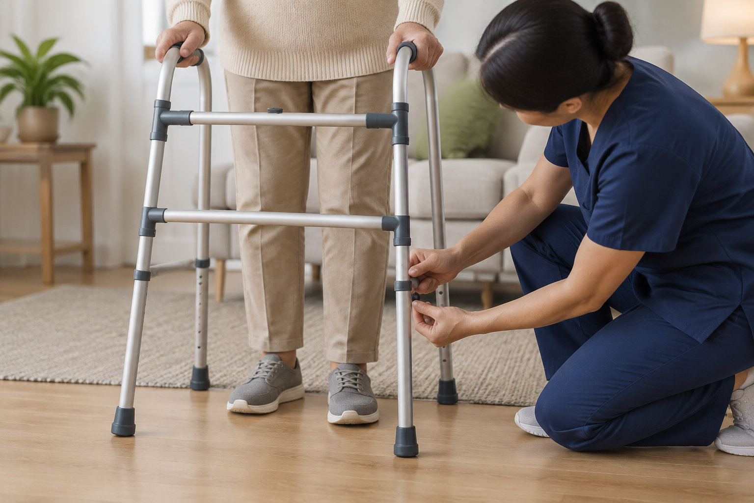 Une soignante accroupie ajuste un déambulateur devant une personne debout dans un salon.