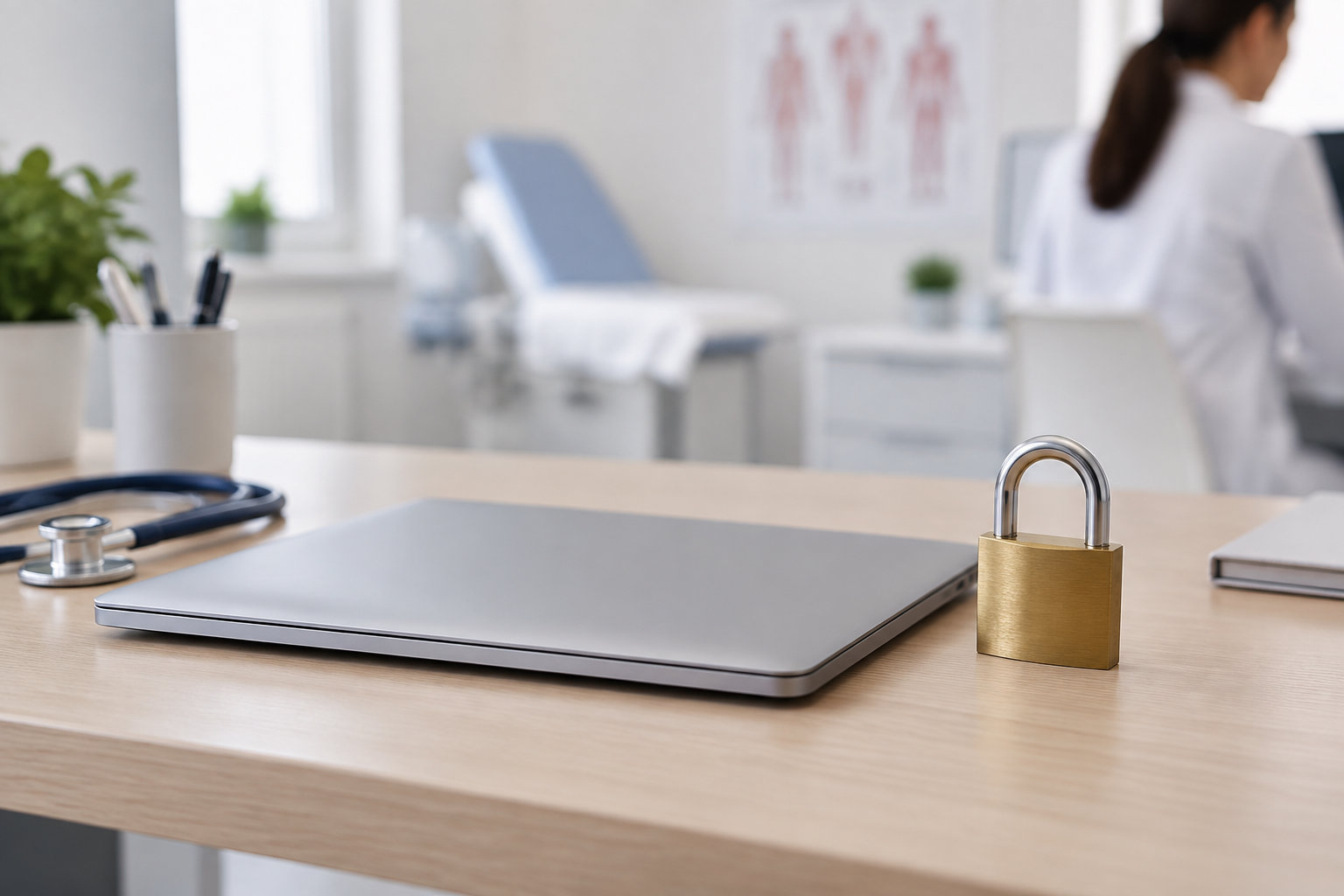 Un ordinateur portable fermé et un cadenas sont posés sur un bureau, avec un stéthoscope et une médecin en arrière-plan.