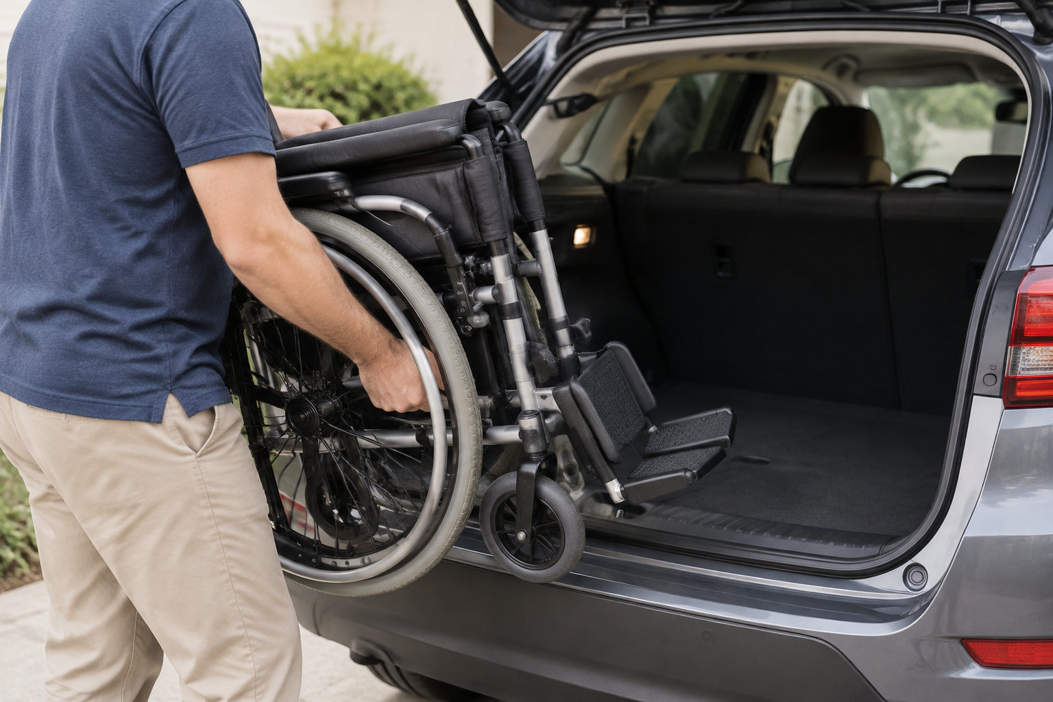 Un homme en polo bleu charge un fauteuil roulant dans le coffre ouvert d’une voiture.