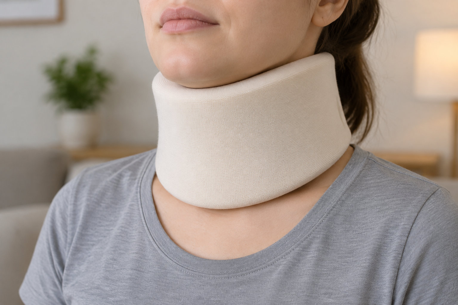 Une personne porte une minerve en tissu beige et un tee-shirt gris.