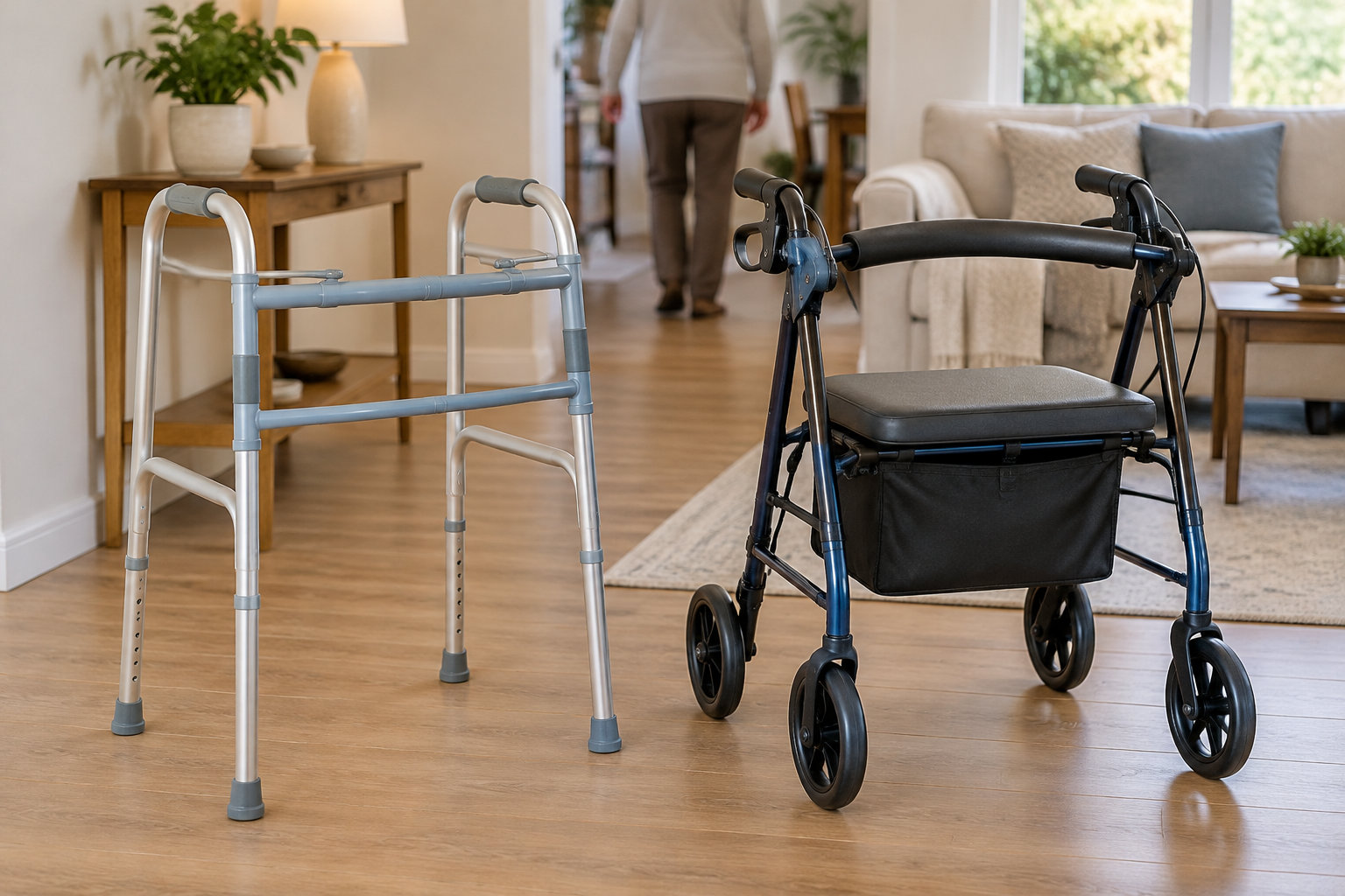 Un déambulateur à quatre roues avec un siège et un panier se trouve à côté d’un cadre de marche dans un salon, tandis qu’une personne s’éloigne en arrière-plan.