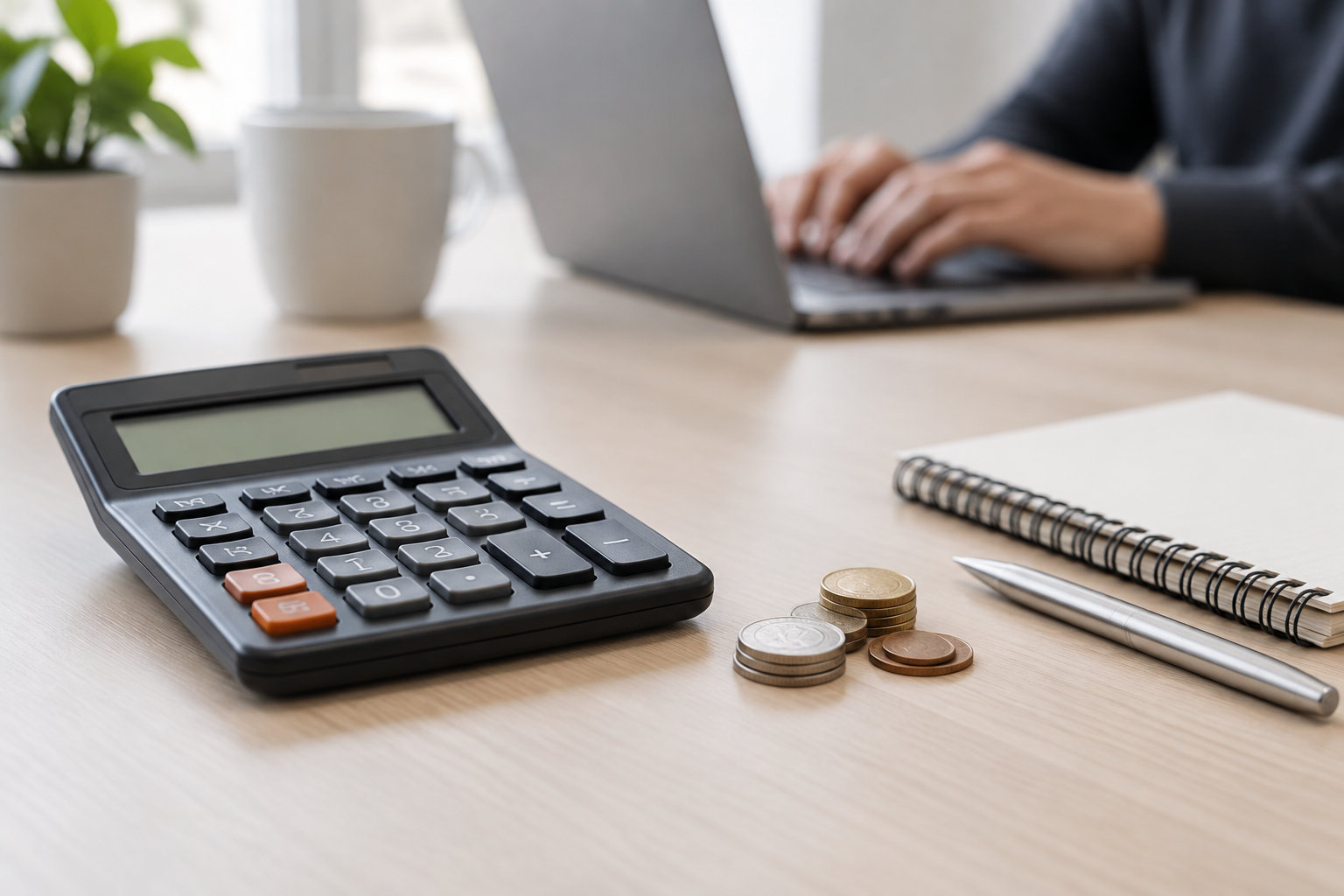 Une calculatrice, des pièces, un carnet et un stylo sont posés sur un bureau, tandis qu’une personne utilise un ordinateur portable en arrière-plan.