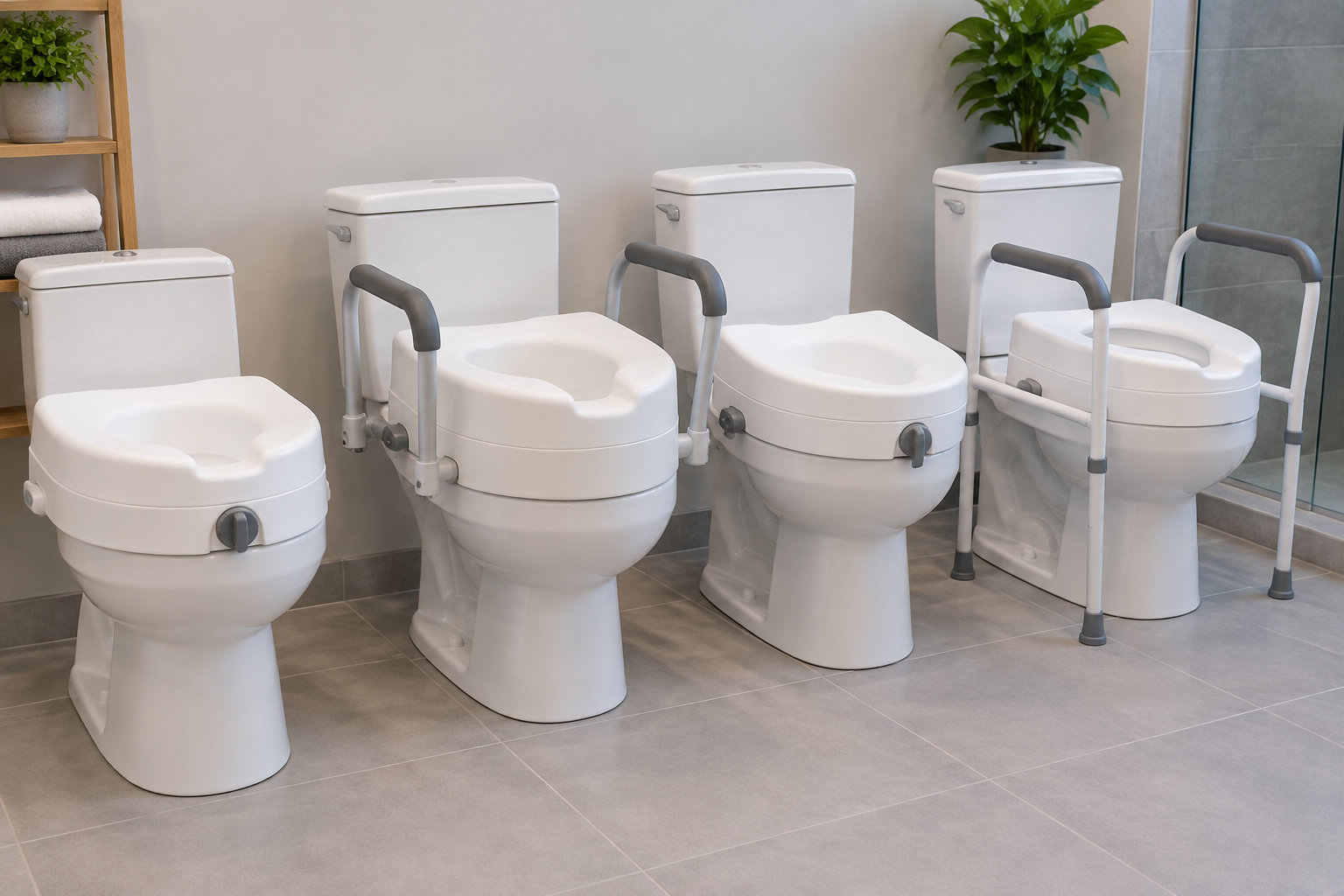 Quatre toilettes blanches, dont trois équipées de barres d’appui, sont alignées dans une salle carrelée.
