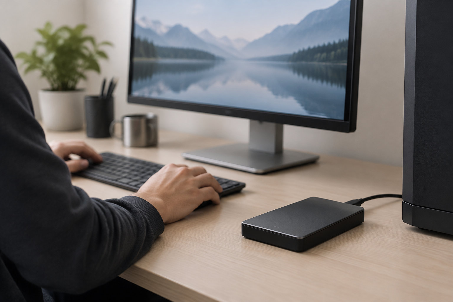 Une personne est assise devant un ordinateur de bureau, les mains sur un clavier, avec un disque dur externe posé sur le bureau et un paysage de montagnes affiché à l’écran.