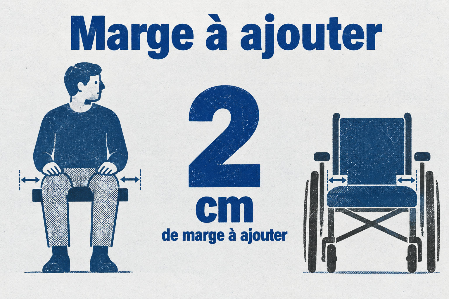 Après avoir mesuré la largeur du bassin ou des cuisses, ajoutez environ 2 cm de marge pour choisir la largeur d’assise.